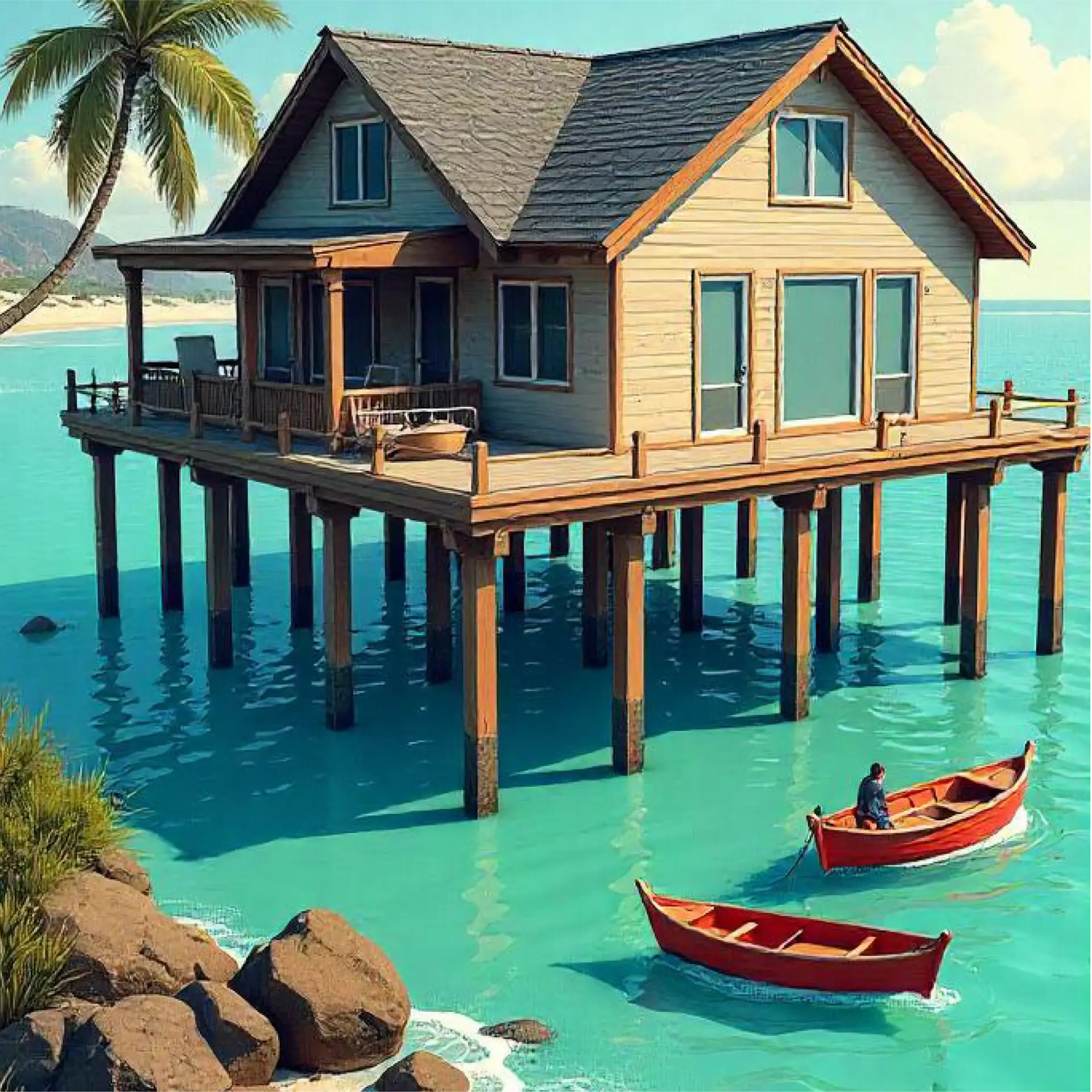 Illustration comparing a dock at low tide and high tide. The high tide image shows water levels near the dock's deck, with boats floating on the water. Both scenes highlight the tidal changes in a natural coastal setting