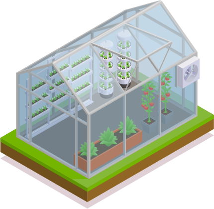 A modern greenhouse with various hydroponic and vertical farming systems alongside an air conditioning unit for climate control.