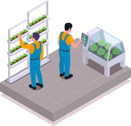 Two workers monitoring plants in a controlled facility, using digital devices for moisture and growth tracking.