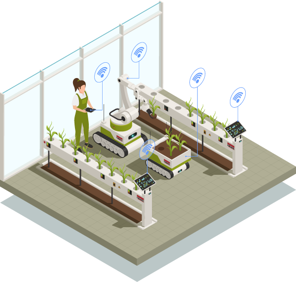An automated smart greenhouse with a robot, sensors, and digital displays, managed by a worker monitoring plant health and growth.
