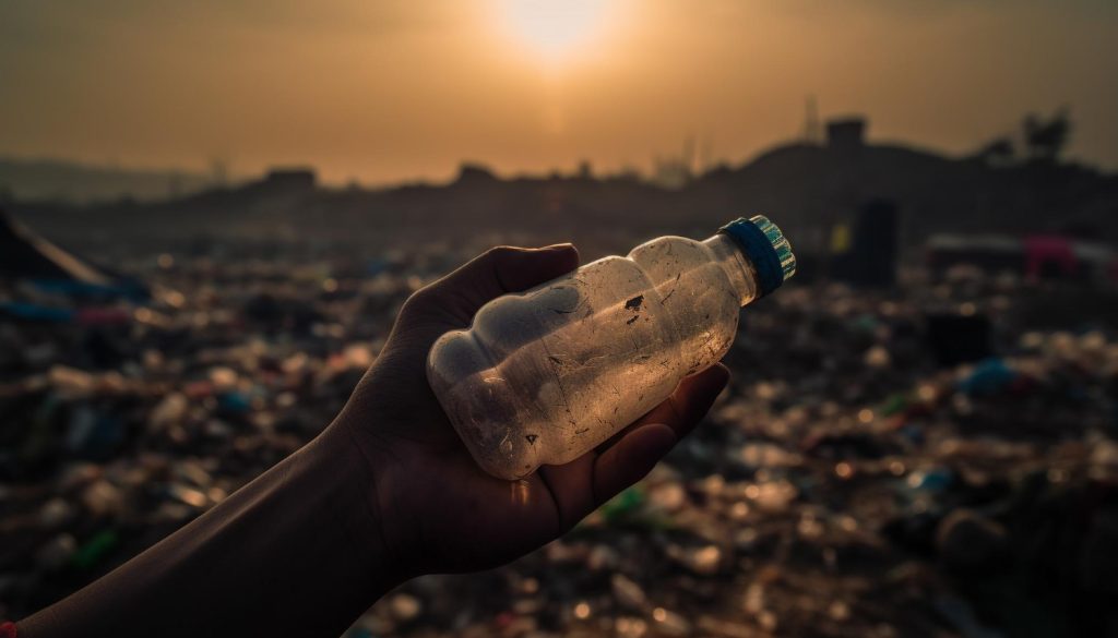 A hand holding a discarded dirty plastic water bottle. In the background is a pile of more plastic water bottles