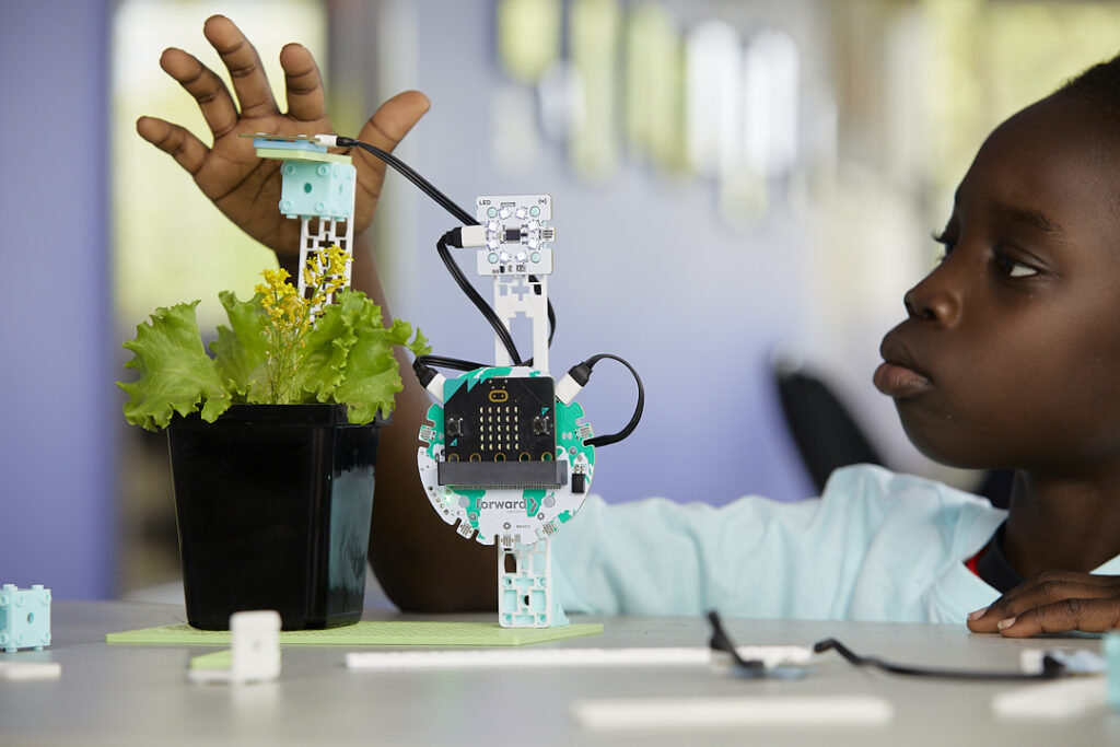 Male student testing the Pollinator Bee Counter project from the micro:bit Climate Action Kit