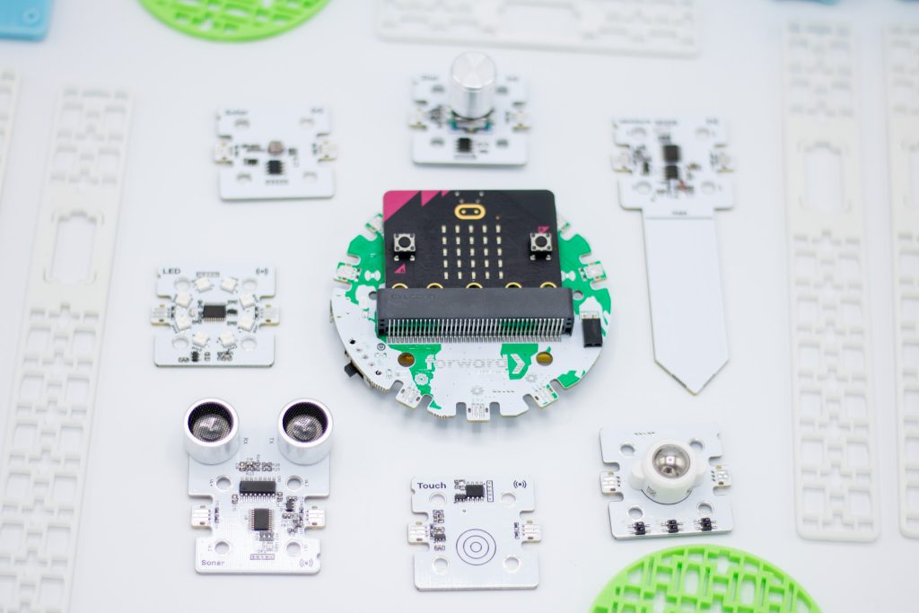 BBC micro:bit accessory components and breakout board powered by Microsoft MakeCode and designed for teaching computer science and coding to students in primary and secondary school