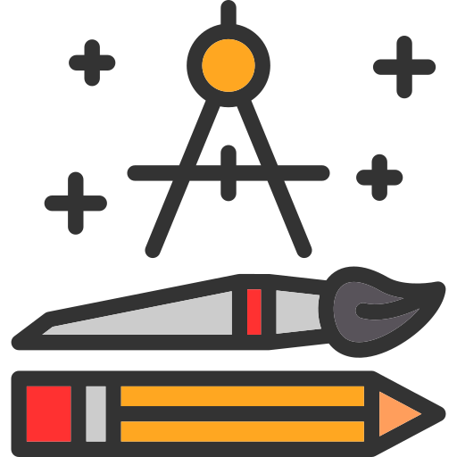 An icon representing STEAM, featuring a pencil, a paintbrush, and a drafting compass. 