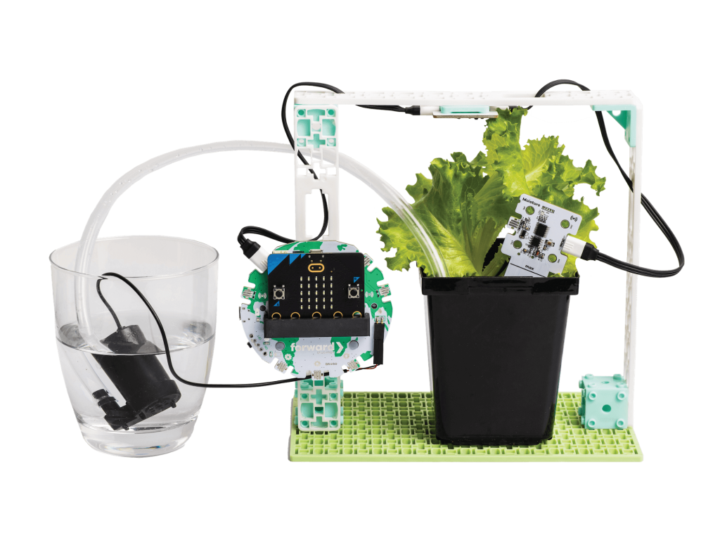 micro:bit accessory kit for teaching hydroponics technology to elementary students in computer science classes with Microsoft MakeCode