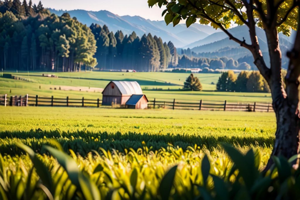 Farm countryside with field in foreground