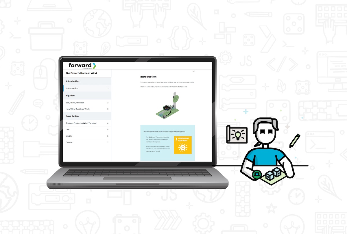 A digital illustration featuring a laptop displaying a lesson titled "The Powerful Force of Wind" from Forward Education. The screen shows the lesson structure with sections like Introduction, Big Idea, and Take Action, alongside an image of a wind turbine project and a note about the UN Sustainable Development Goal 7 (Affordable and Clean Energy). Beside the laptop is a stylized figure holding building blocks, with a lightbulb icon on a small board in the background, symbolizing innovation and hands-on learning.