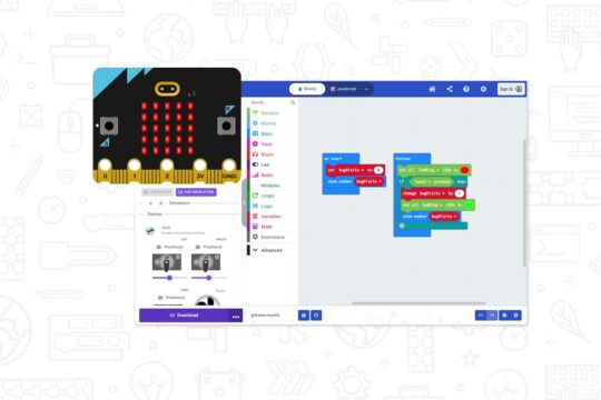 A screenshot of a MakeCode programming interface alongside a simulated micro:bit device. The left side shows the micro:bit displaying a red LED pattern, and the simulator panel with