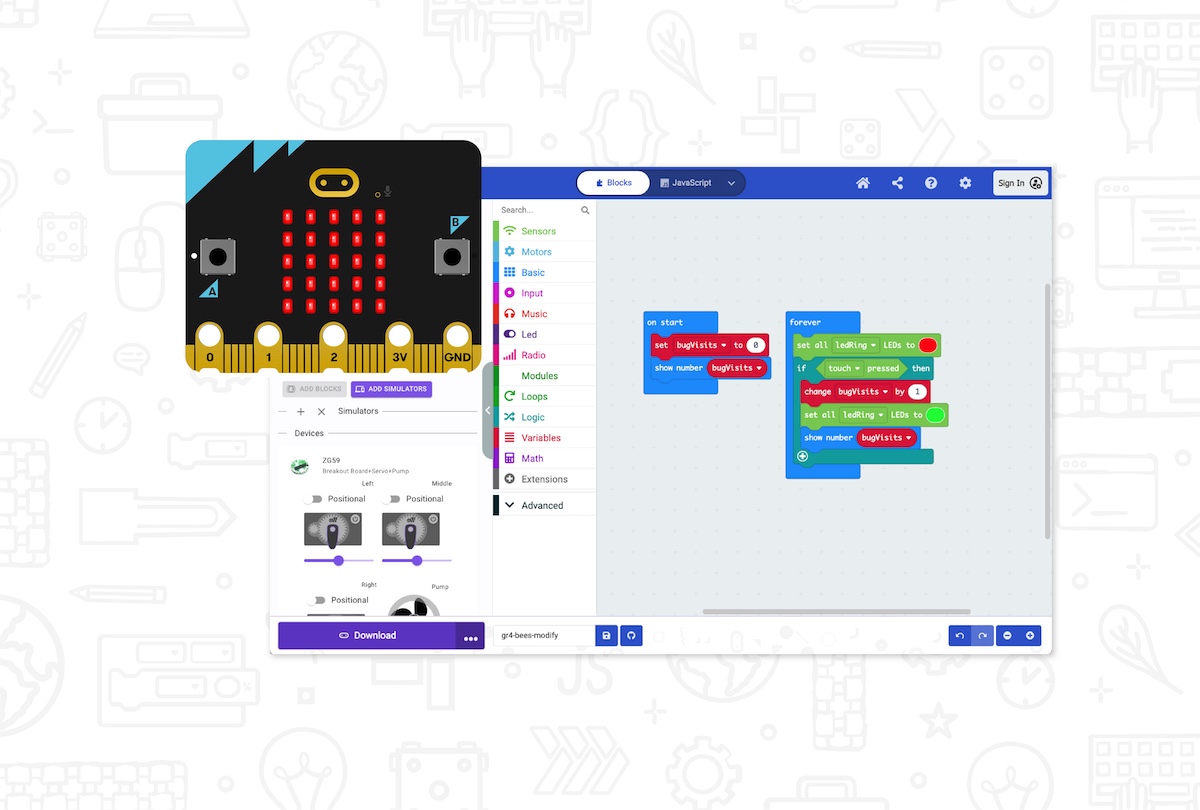 A screenshot of a MakeCode programming interface alongside a simulated micro:bit device. The left side shows the micro:bit displaying a red LED pattern, and the simulator panel with