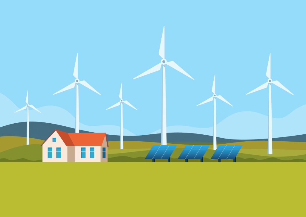 A cartoon of a house in a field. Windmills are in a field in the background, with solar panels on the ground next to the house.