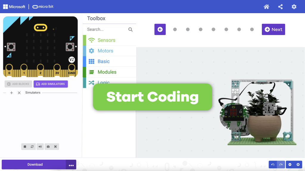 Makecode workspace for the automated watering tutorial with a "start coding" button.