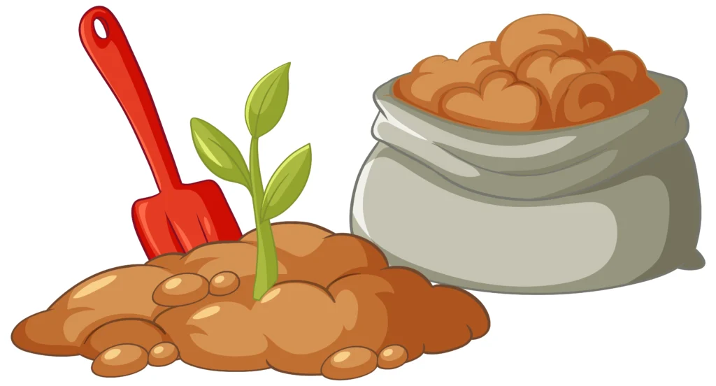 Illustrated pile of soil with a bag of soil in the background. A plant is growing from the pile of soil