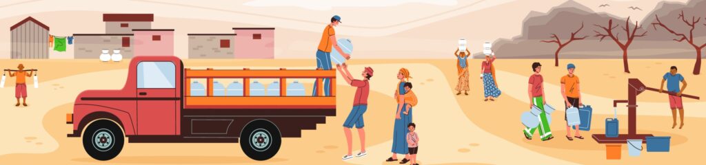 A diagram of women collecting water off of the back of a truck. In the background, other women carry empty bottles to fill water from a tap
