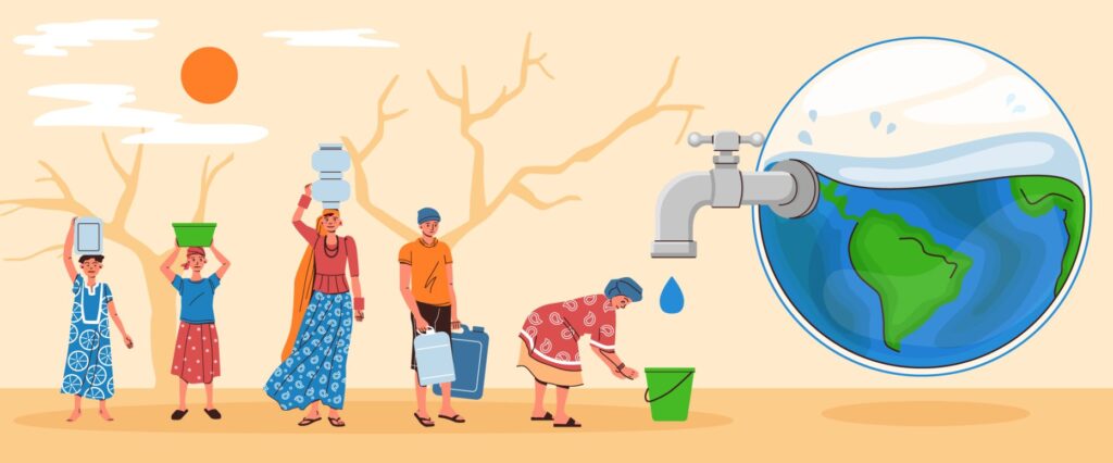 A diagram of women lining up for water. A bucket is using the water from planet earth to demonstrate water scarcity