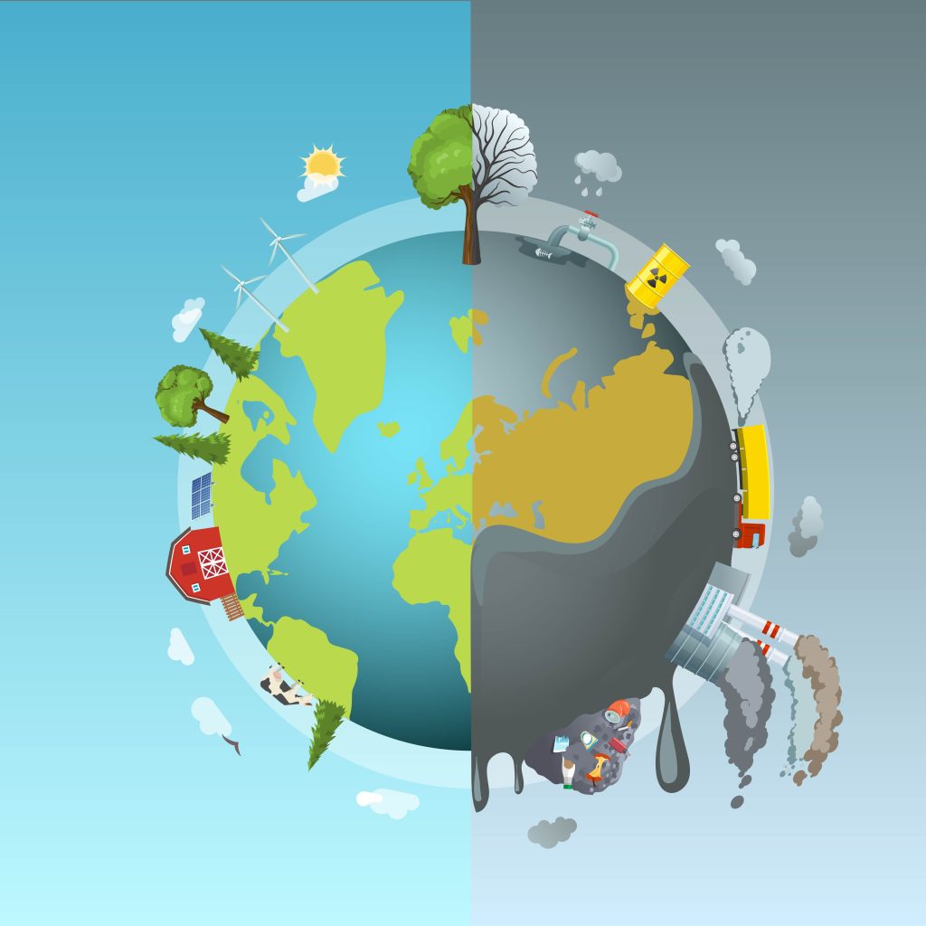 A cartoon of a globe. On the left, the earth is powered by renewable energy, on the right, the earth is powered by fossil fuels
