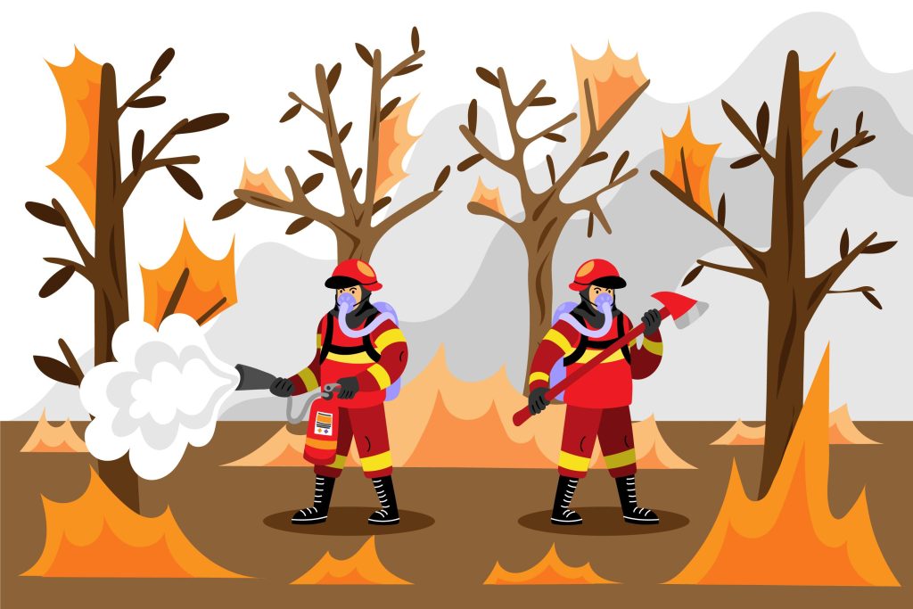 A cartoon of two firefighters in a forest with burning trees around them