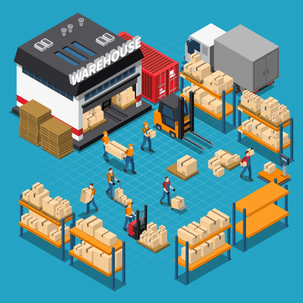An isometric illustration of a warehouse with workers, shelves, forklifts, and boxes being loaded onto a truck.
