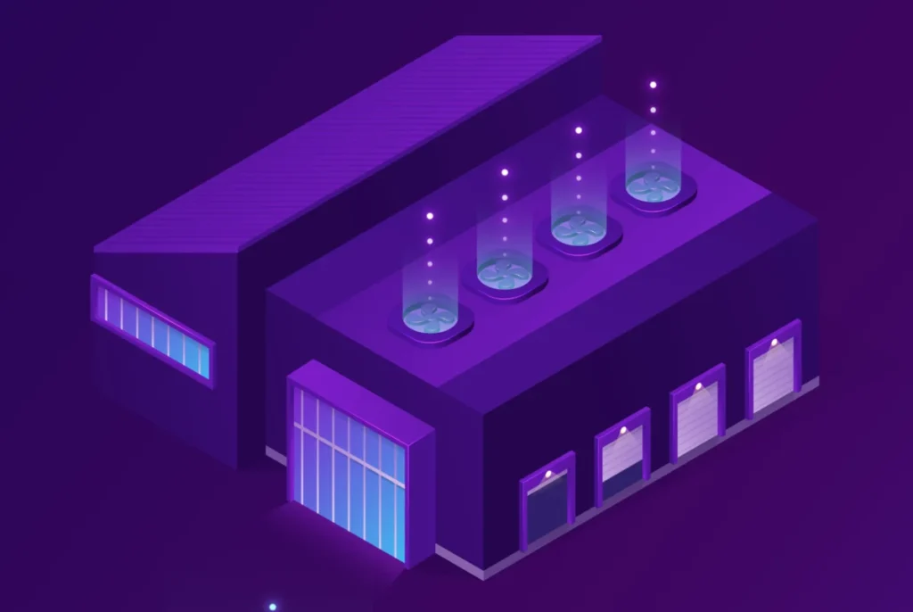 Isometric design of four industrial buildings with glowing neon accents, featuring skylights, cooling systems, and illuminated entry points