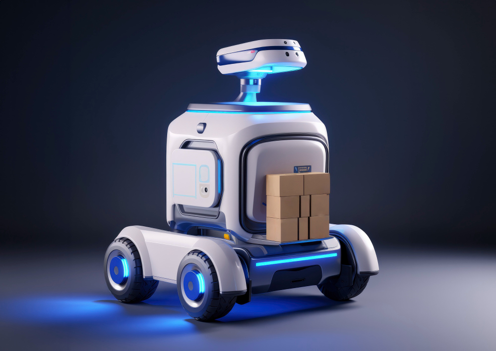 A futuristic delivery robot with four wheels, glowing blue lights, a rotating sensor, and a stack of cardboard boxes on its white, modern body.