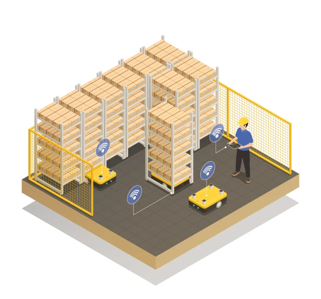 A 3D illustration of a smart warehouse with shelves, robots moving goods, and a worker monitoring with a tablet.