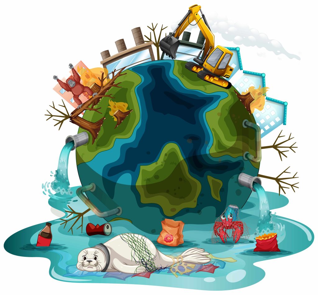 A cartoon of the earth impacted by human activities. Sewers and litter trap a crab and seal in a puddle. Broken tree limbs and factories are surrounded by tree stumps on fire.