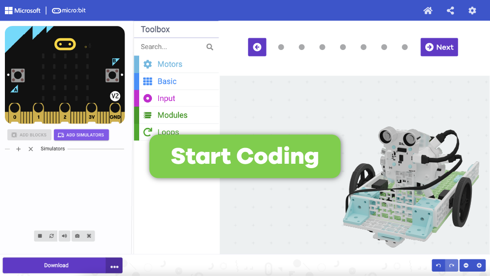 An image of the Makecode micro:bit coding space featuring the autonomous vehicle project.