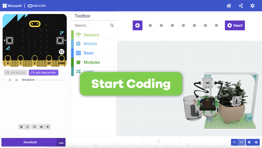 Makecode tutorial window with "start coding" button