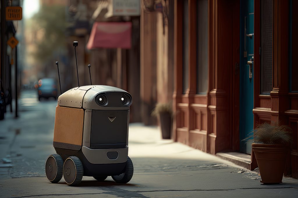 A delivery robot sits outside a store on an empty sidewalk