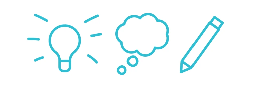 Icons of a light bulb, a thought bubble, and a pencil.