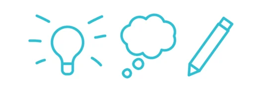Icons of a light bulb, a thought bubble, and a pencil.