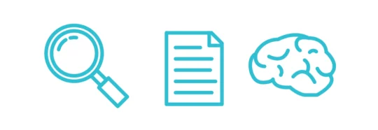 An icon of a magnifying glass, a paper with notes, and a brain.