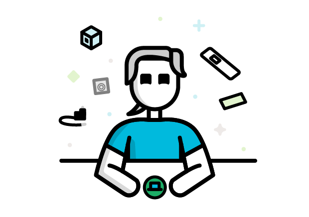 An icon of a learner at a table, icons of building blocks and sensors surround their head.