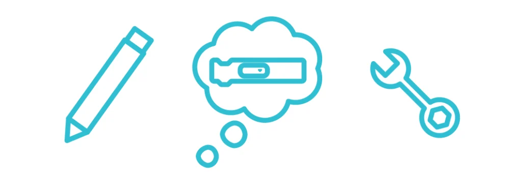Icons of a pencil, a thought bubble with a code block, and a wrench.