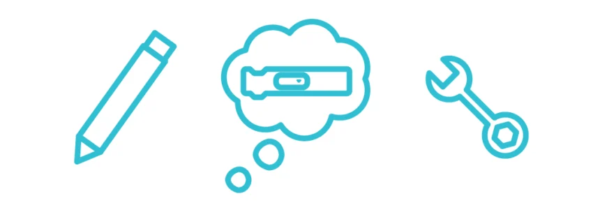 Icons of a pencil, a thought bubble with a code block, and a wrench.