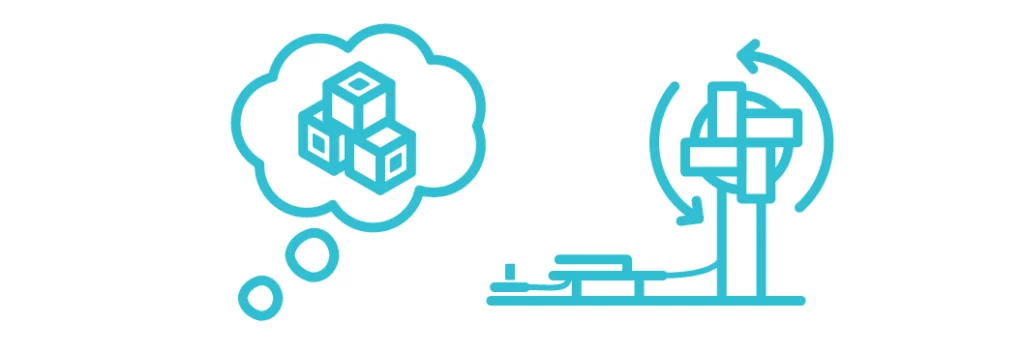 Icons of a thought bubble with building block cubes and the wind turbine project spinning