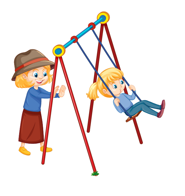 A cartoon of two girls at a swing set. One girl stands and pushes the other as they play together.