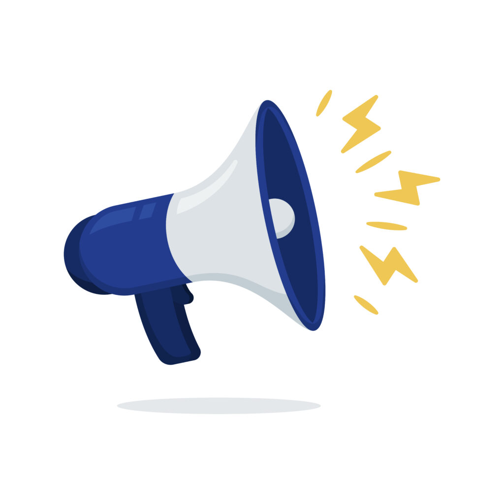 An icon of a megaphone floating in air with a small shadow beneath it. Lines are emerging from the megaphone to indicate a loud noise