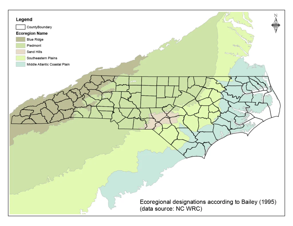 A map of North Carolina's districts, with ecoregions labeled: Blue ridge, piedmont, sand hills, southeastern plains, and middle atlantic coastal plain