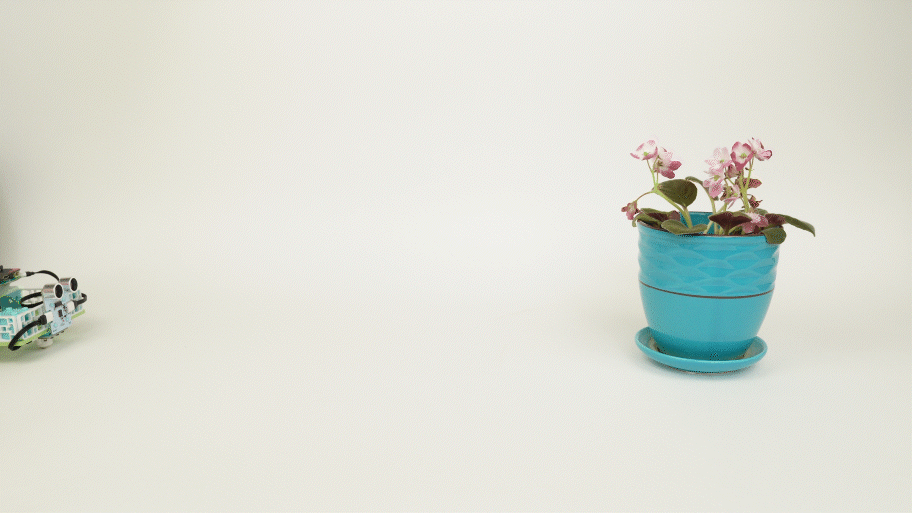 A gif of Forward Education's electric vehicle project. A robot drives from left to right towards a potted plant. Once it detects the plant with a sensor, the robot pauses, and turns towards the camera.