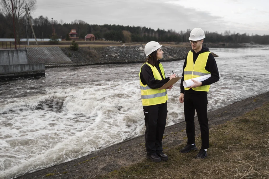 Two engineers wearing safety vests and helmets discussing plans near a river with strong water currents.