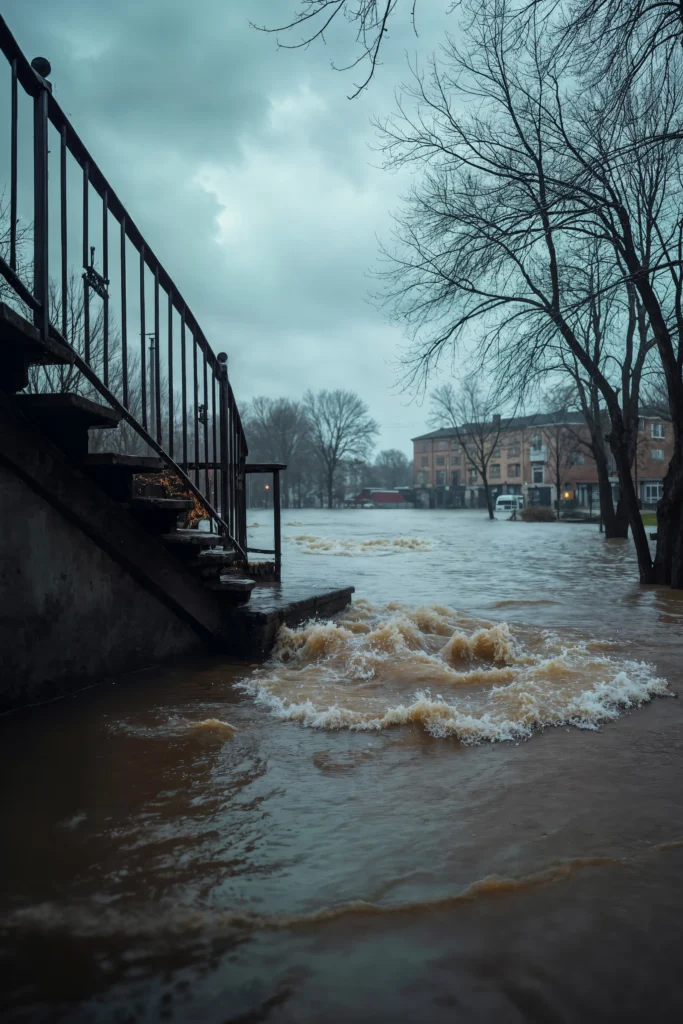 A flooded urban area with murky water covering a staircase and nearby surroundings under a cloudy sky.