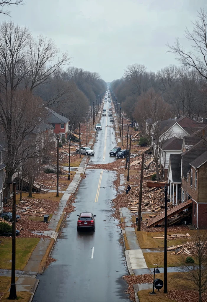 A residential street littered with debris after a natural disaster, with scattered cars and damaged homes lining the road.