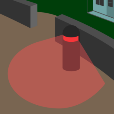 A graphic of a turtle-safe light on a beach. A red light is casting down on the sand.