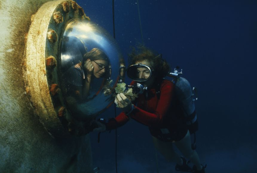 A scuba diver is showing something to a person inside an underwater viewport.