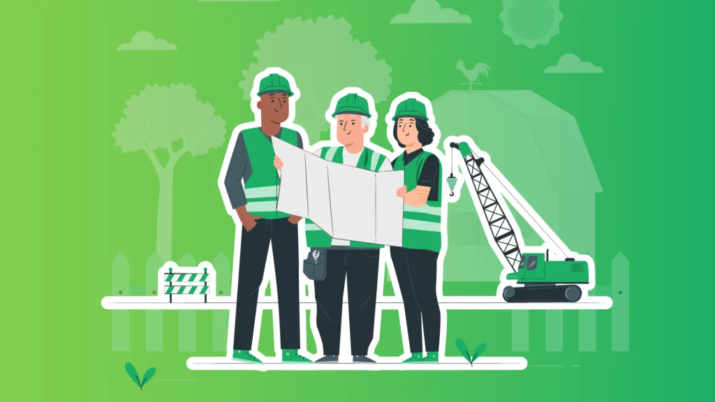 Digital graphic illustration of three construction workers looking over a blueprint