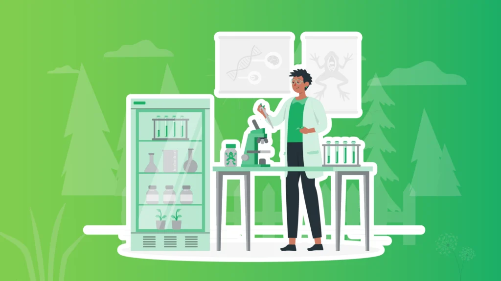 Digital graphic illustration of a scientist working with a number of vials and a miroscope. There are diagrams of a frog and DNA. On the side there is a large lab fridge with a glass door showing various generic jars, plants, vials and beakers.