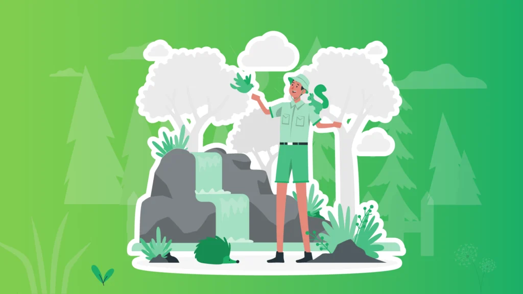 Digital graphic illustration of a Park Ranger interacting with a squirrel, a bird, and a hedgehog in front of a forest and two tier waterfall.