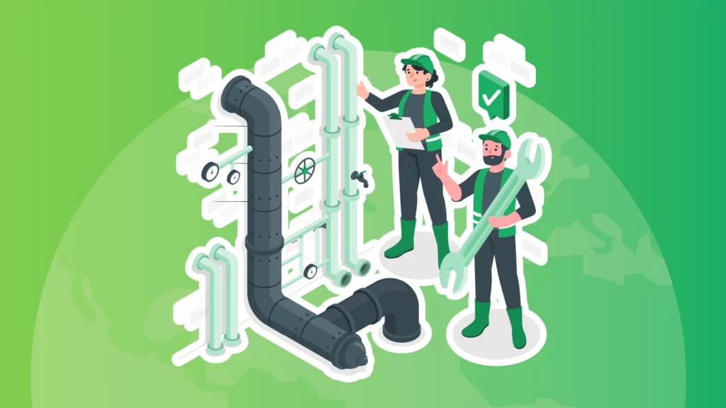 Isometric digital illustration of two workers managing a number of pipes