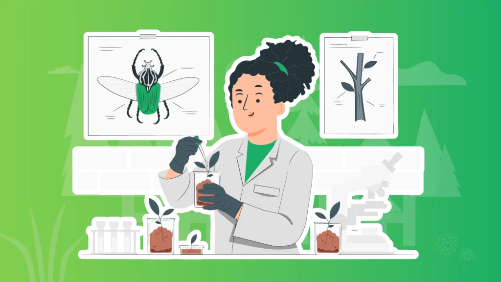 Digital graphic illustration of a scientist putting droplets into a beaker containing a plant. There are multiple plants in various sized beakers and posters behind that show generic diagrams of a tree branch and a beetle.