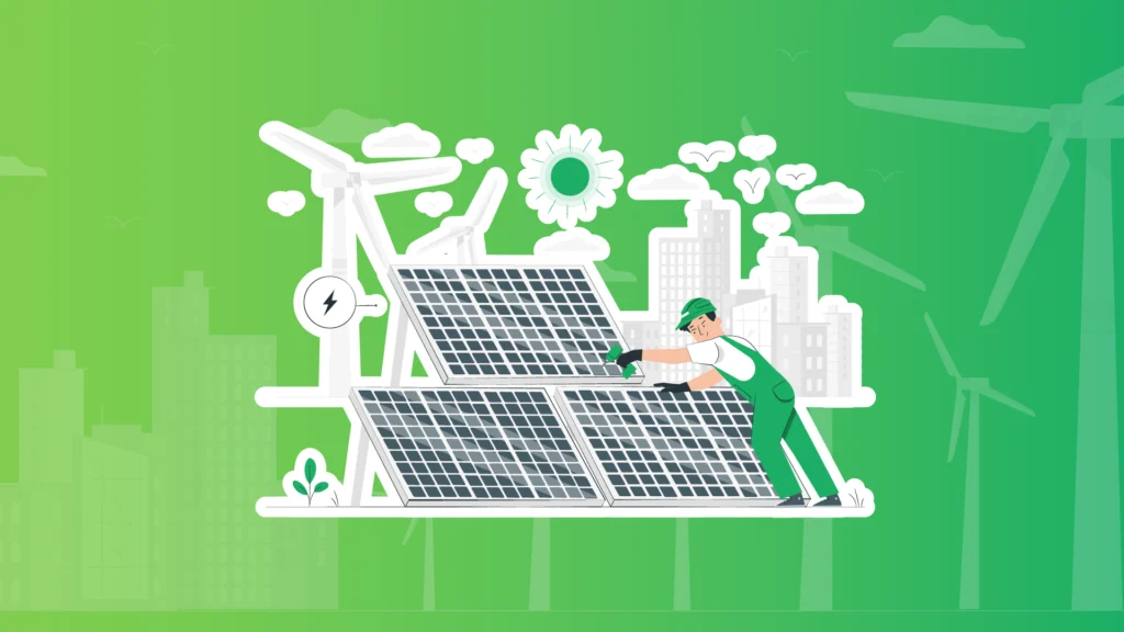 Digital graphic illustration of a solar technician working on a solar panel in front of a couple wind turbines and a cityscape.